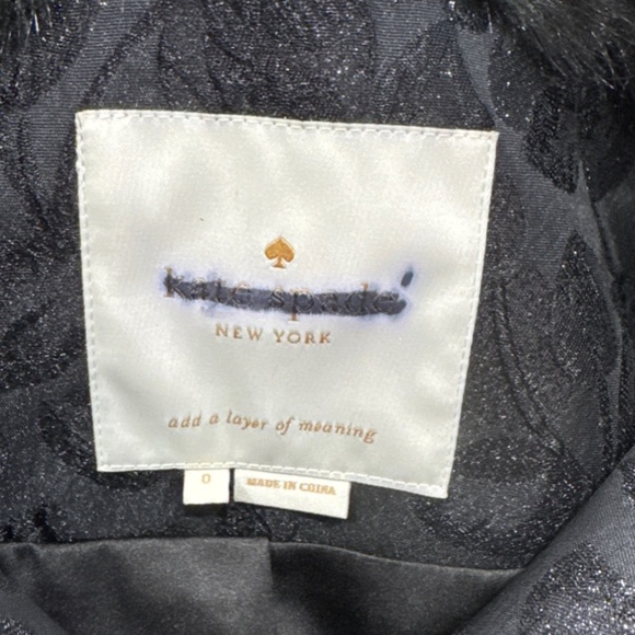 Kate Spade Black Metallic Jacquard Faux Fur Trim Coat Size 0 - Picture 9 of 9
